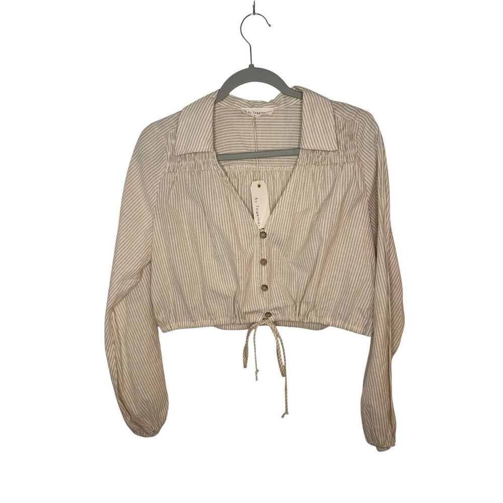 By Together Button Up Striped Long Sleeve Top Cinched Waist Size Small NWT